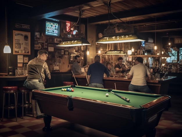 Menschen spielen Billard in einer Bar mit einer Leuchtreklame, auf der steht: „Das Spiel findet an der Bar statt.“ '