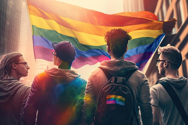 Menschen stehen am Pride Day vor einer Regenbogen-LGBTQ-Pride-Flagge