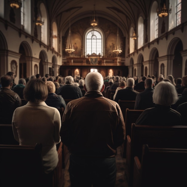 Menschen stehen in der Kirche und beten. Menschen unterschiedlichen Alters nehmen an einem Gottesdienst teil
