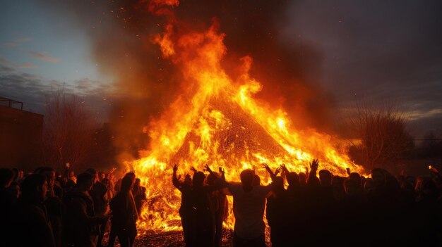 Menschen stehen vor einem Lagerfeuer mit dem Wort auf ihm.