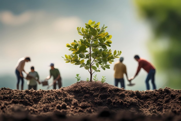 Menschen stehen zusammen und pflanzen einen Baum