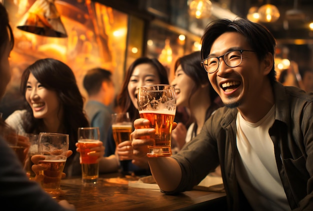 Menschen stoßen Biergläser an, während sie in einer Bar sitzen