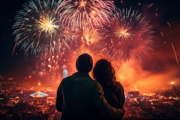 Menschen suchen mehrfarbiges Feuerwerk Festival für Neujahrsfeiern Konzept