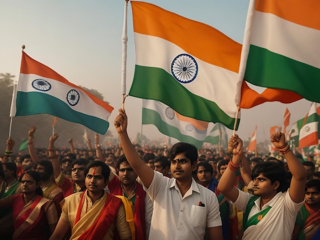 Menschen tragen die indische Flagge, ein Symbol des nationalen Stolzes, der Demokratie, der Wahlen und der Macht der Einheit.