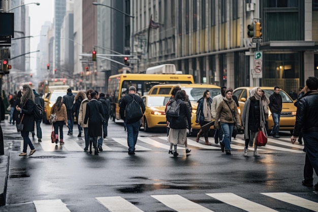 Menschen überqueren die Straße in Manhattan Menschen überqueren die Straße, die von KI generiert wird