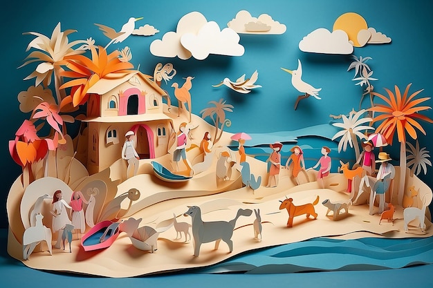 Menschen und Tiere aus Papier amüsieren sich auf einem Strand aus Papier