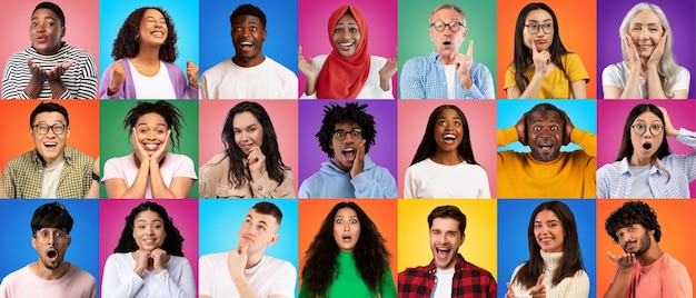 Foto menschen unterschiedlichen alters und ethnischer zugehörigkeit, die unterschiedliche emotionen auf farbenfrohen hintergründen ausdrücken