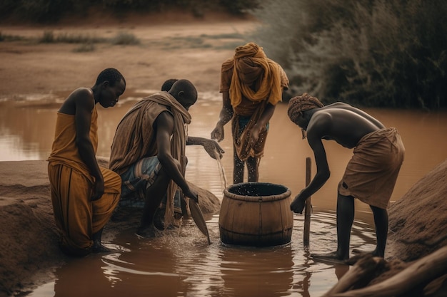 Menschen waschen sich mit einem Eimer in einem Fluss