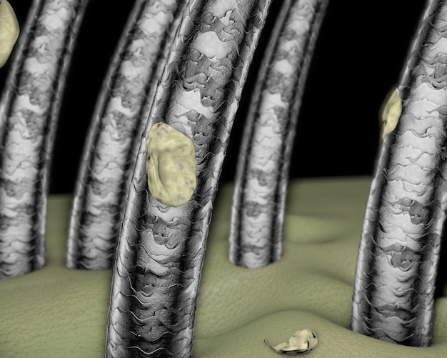 Menschenhaar mit Schuppen unter dem Mikroskop