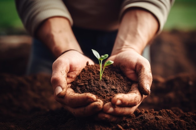 Menschenhände halten junge Pflanzen im Boden Earth Day-Konzept Landwirt pflanzt Samen in den Boden Garten- und Landwirtschaftskonzept KI generiert