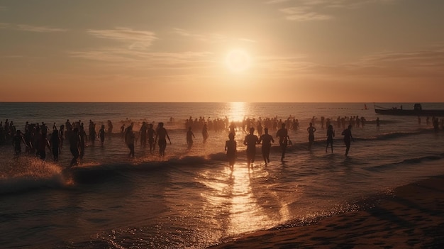 Menschenmassen oder Freunde rennen zum Sonnenuntergang am Meer. Strandurlaub, Reisekonzept, KI generativ