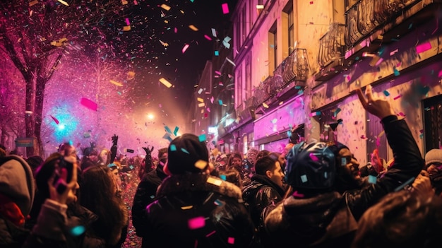 Menschenmenge auf der Straße von Paris feiert frohes Neujahr und frohe Weihnachten