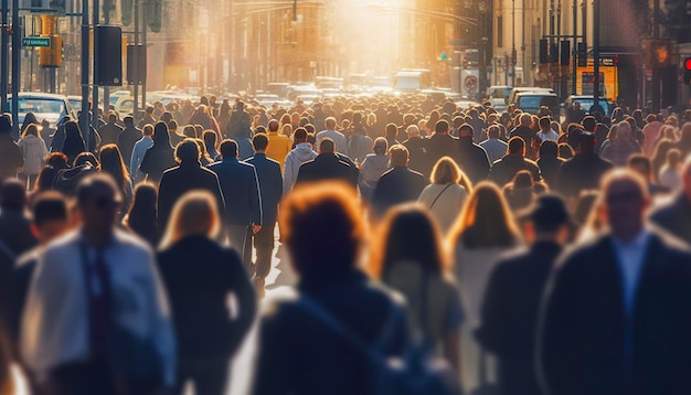 Menschenmenge, die auf einer belebten Stadtstraße mit generativer KI im Hintergrund läuft