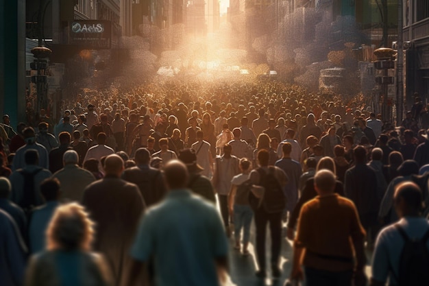 Menschenmenge, die mit generativer KI auf einer belebten Straße läuft