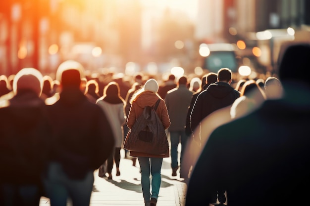 Menschenmenge, die mit sanftem Bokeh auf der Straße läuft und sich schnell durch die Stadt bewegt