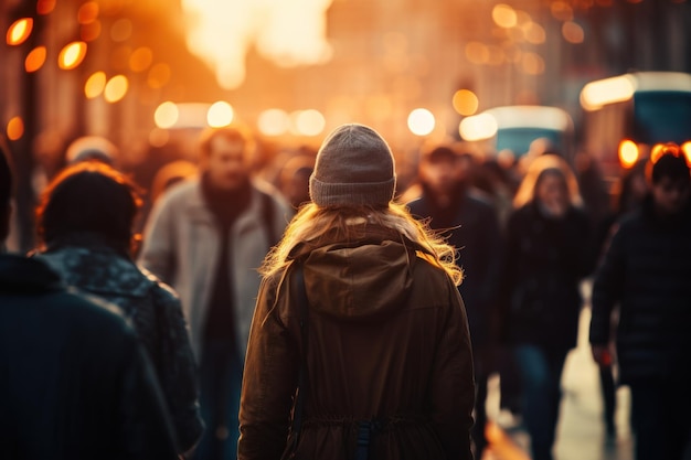 Menschenmenge, die mit sanftem Bokeh auf der Straße läuft und sich schnell durch die Stadt bewegt