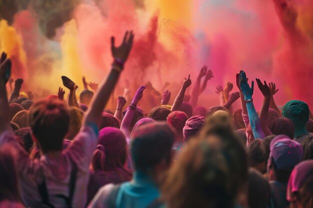 Menschenmenge feiert mit lebendigem Farbpulver beim Festival Holi Sommerparty oder Musikfestival