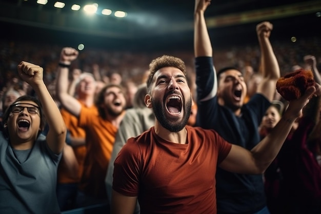 Menschenmenge von Sportfans, die während eines Spiels in einem Stadion jubeln, begeisterte Menschen, die für ihr Lieblingsteam jubeln, das Spiel zu gewinnen