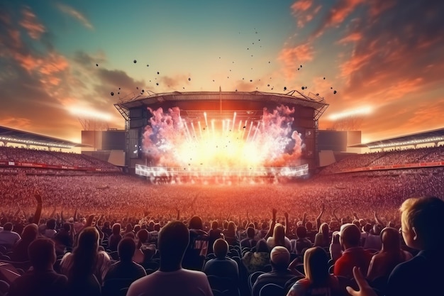 Menschenmengen bei einem Rockkonzert in einem großen Stadion mit vielen Besuchern