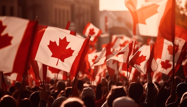 Foto menschenmengen jubeln oder demonstrieren mit der schwingenden kanadischen flagge