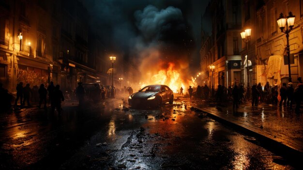 Menschenrechts- und Gerechtigkeitskämpfer-Konzept Brennende Autos auf den Straßen