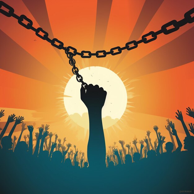 Menschenrechtstag-Illustration mit erhobener Hand bricht die Kette Generative KI