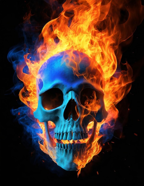Foto menschenschädel schädel in blauen und orangefarbenen flammen schädel mit feuer und flammen isoliert auf schwarzem hintergrund