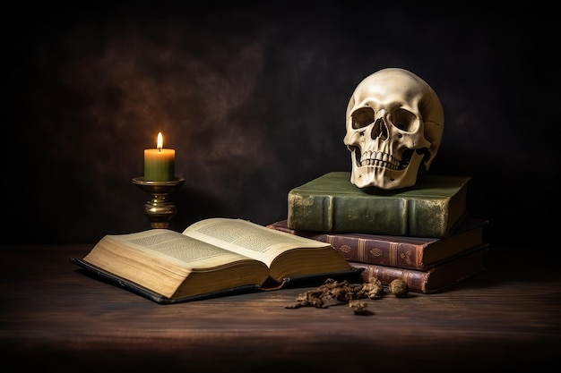 Menschenschädelbücher und Kerze auf einem Holztisch Halloween-Konzept