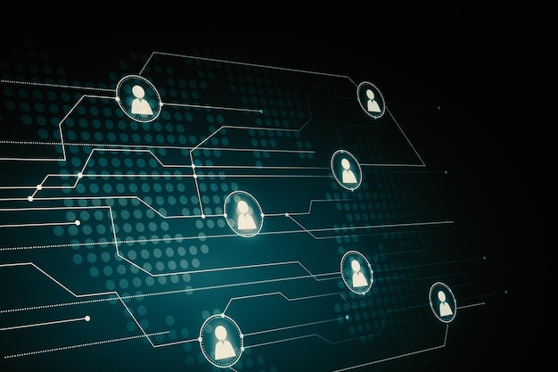 Menschenverbindung und soziales Netzwerk-Konzept mit Perspektivansicht auf weiße digitale Benutzersymbole, die miteinander verbunden sind, auf abstraktem grünem Hintergrund mit Punkten 3D-Rendering