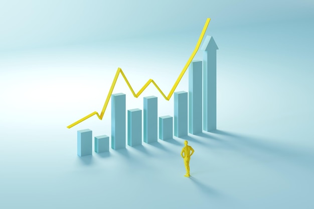 Foto menschlich aussehendes aktiendiagramm balkenwachstum nach oben erfolgsidee konzept auf blauem hintergrund. 3d-minimalgeschäft