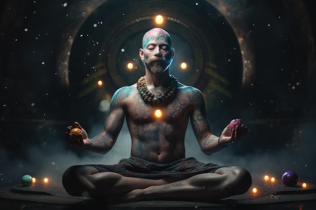 Menschliche Chakra-Buddhismus-Meditation Bezieht sich auf Energiepunkte in Ihrem Körper. Chakra-Therapien, Yoga-Heilung. Scheiben rotierender Energie, die bestimmte Nervenbündel und wichtige Organe leiten. Generative KI