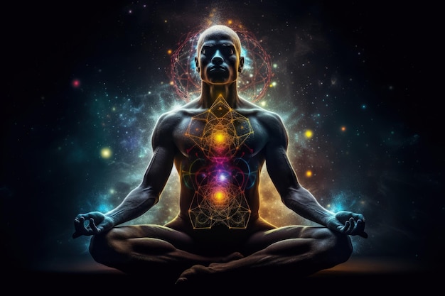 Menschliche Chakra-Buddhismus-Meditation Bezieht sich auf Energiepunkte in Ihrem Körper. Chakra-Therapien, Yoga-Heilung. Scheiben rotierender Energie, die bestimmte Nervenbündel und wichtige Organe leiten. Generative KI