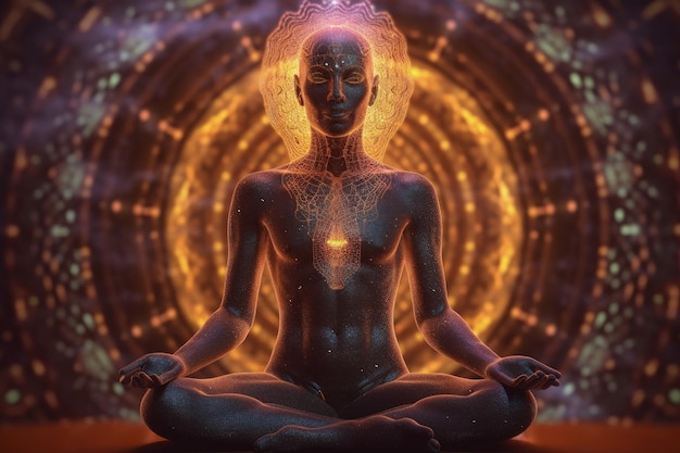 Menschliche Chakra-Buddhismus-Meditation Bezieht sich auf Energiepunkte in Ihrem Körper. Chakra-Therapien, Yoga-Heilung. Scheiben rotierender Energie, die bestimmte Nervenbündel und wichtige Organe leiten. Generative KI