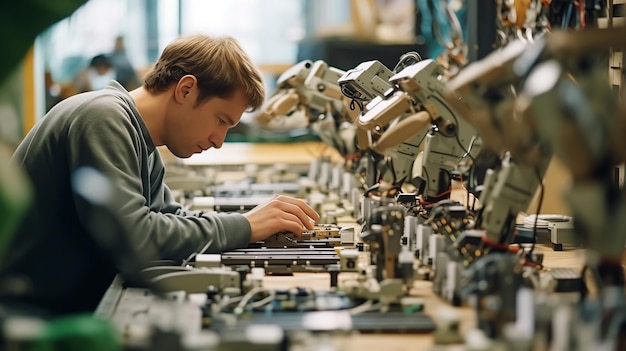 Foto menschliche fertigung von robotenteilen in einer produktionsstätte