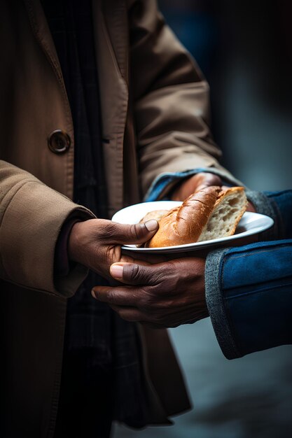 Menschliche Hände geben Brot an einen Obdachlosen wie andere Hände