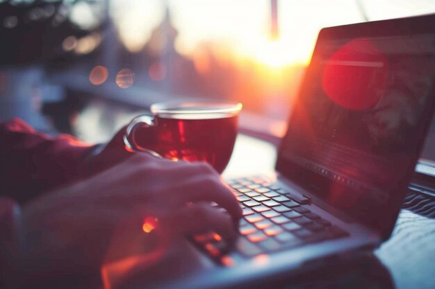 Menschliche Hände tippen, Laptop-Technologie arbeitet mit dem Computer, Internet, Online, Trinkbecher, heißer Tee, Kaffee