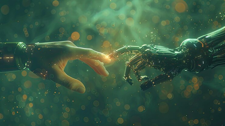 Menschliche Hand berührt Roboterhand, die die Integration von Technologie symbolisiert