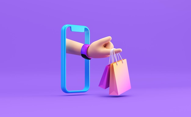 Menschliche Hand, die eine Einkaufstasche im Smartphone auf einem violetten, isolierten Hintergrund hält Shopping-Metapher, die das Konzept der Lieferung und des Online-Marktes 3D-Rendering enthüllt