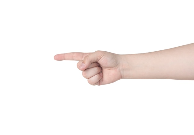 Menschliche Hand, die mit dem Finger lokalisiert auf weißem Hintergrund zeigt