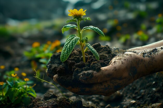 Foto menschliche hand hält eine junge pflanze in fruchtbarem boden, was wachstum und ökologie symbolisiert