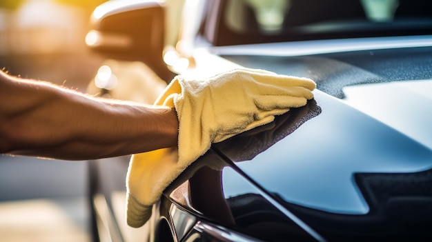 Menschliche Hand zeigt, wie man das Auto aufräumt und wäscht