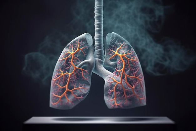 Menschliche Lunge mit Rauch Lungenerkrankung durch Rauchen um 25 Uhr und LuftverschmutzungModellerkrankung der menschlichen Lunge Lungenkrebs und Lungenerkrankung Generative KI