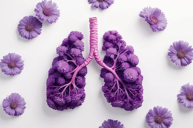Foto menschliche lungen mit lila feldblumen auf weißem hintergrund minimal coronavirus- oder lungenentzündungskonzept