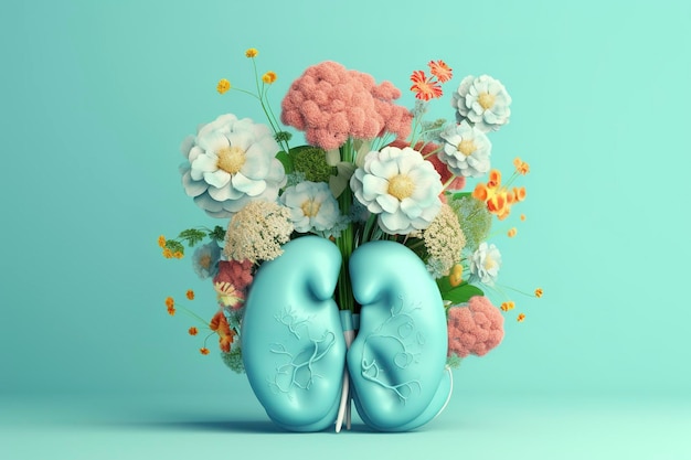 Foto menschliche niere mit blumen in pastellfarben auf blauem hintergrund. 3d-rendering und illustration generieren ki