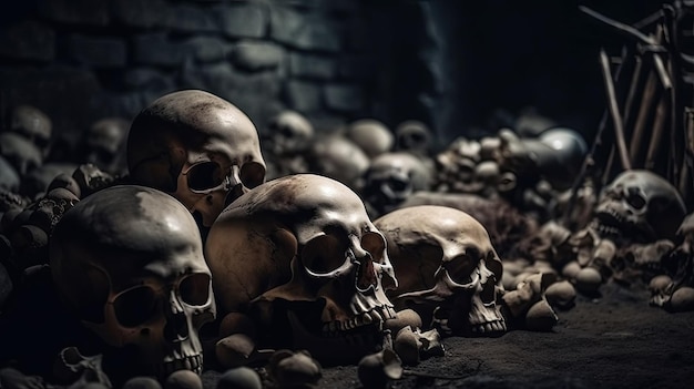 Menschliche Schädel und Knochen in unterirdischer Bestattung auf einem Friedhof Generative KI-Illustration