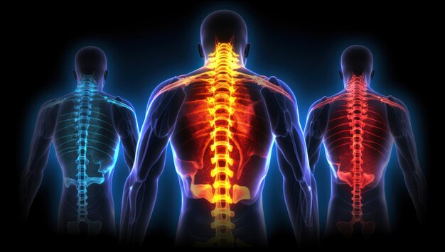 Menschliche Wirbelsäule, die Schmerzen mit roten und orangefarbenen Farben visualisiert Generative KI