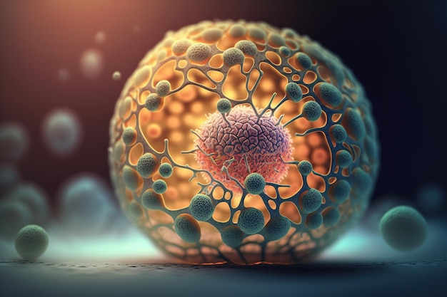 Menschliche Zelle Mikroskop für embryonale Stammzellen Komponenten des eukaryotischen Zellkerns und Organellen und Plasmamembran Medizin Mikrobiologie DNA-Molekül Generative AI