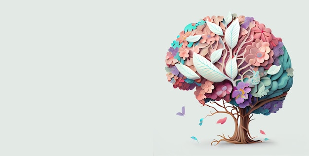 Menschlicher Gehirnbaum mit Blumen, Selbstpflege und psychischem Gesundheitskonzept, positive Einstellung, kreativer Geist