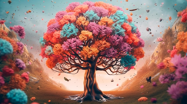Menschlicher Hirnbaum mit Blumen Selbstpflege und psychische Gesundheit Konzept positives Denken kreativer Verstand Generative KI Illustrator