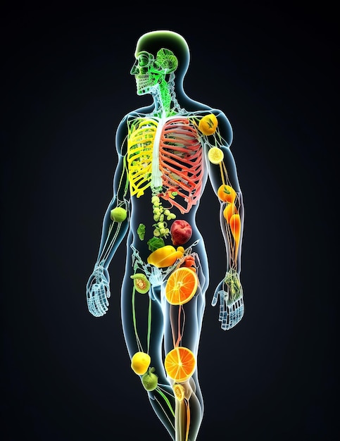 Menschlicher Körper von Vegetariern aus Obst und Gemüse Konzept gesunder Ernährung und Vegetarismus auf schwarzem Hintergrund Generative KI-Illustration